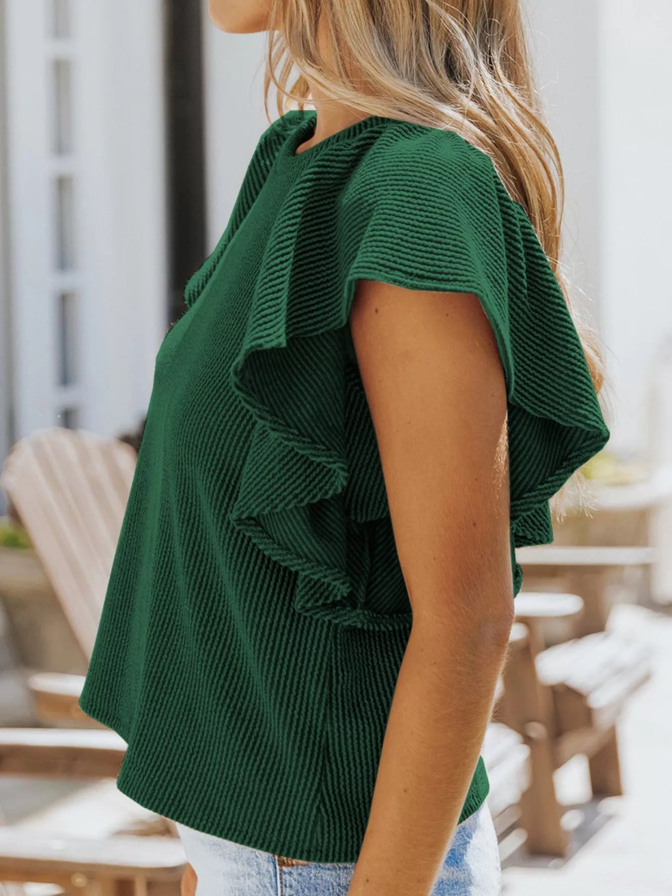 Ruffled Sleeve Ribbed Knit T-Shirt Plus Size in Brown for Women