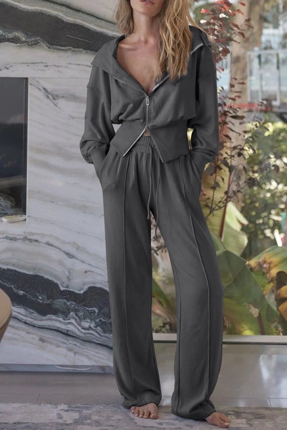 Zip-Up Hoodie and Pants Active Set in Dark Gray for Women