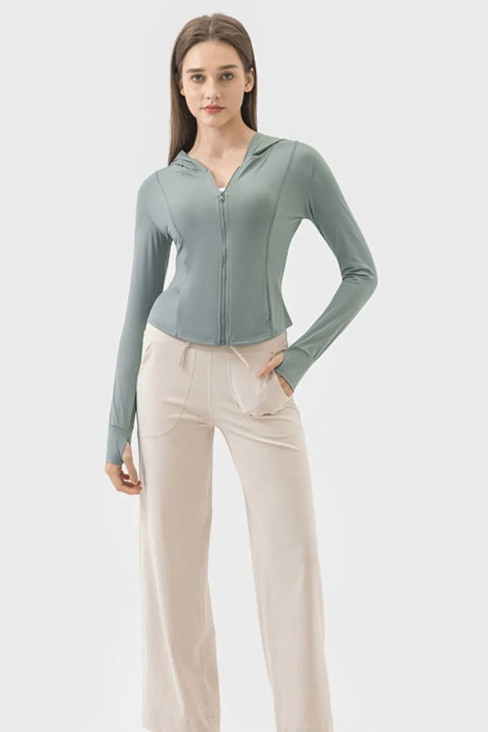Pocketed Zip Up Hooded Long Sleeve Active Outerwear in Teal for Women