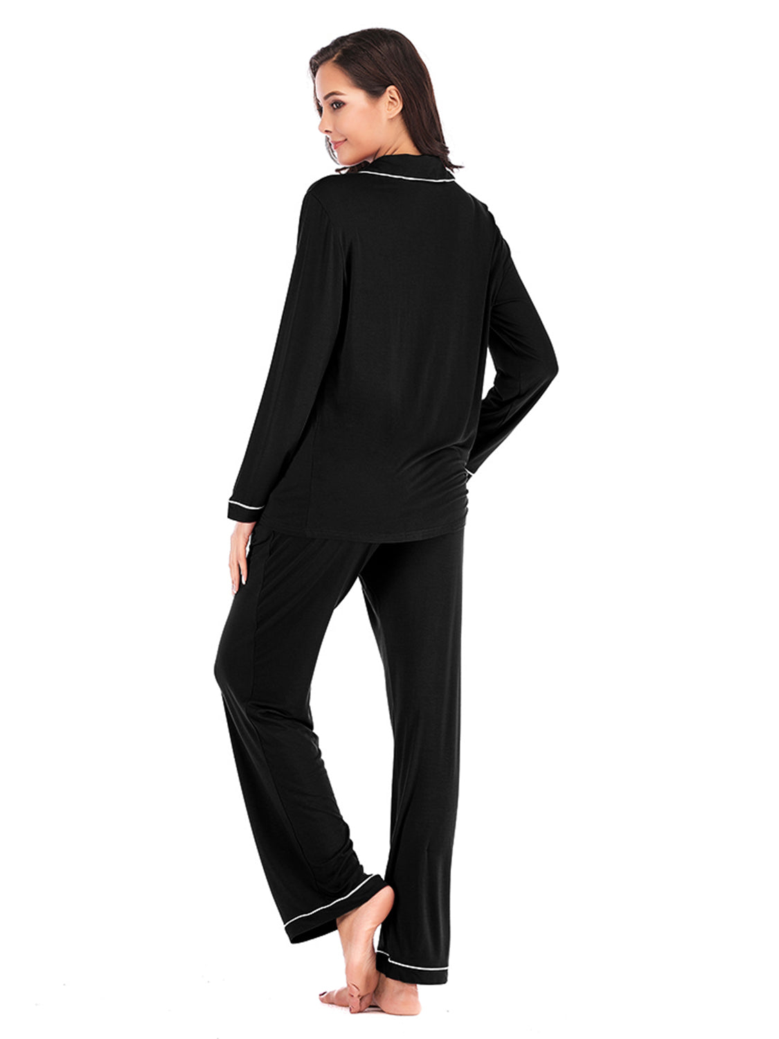 Collared Neck Long Sleeve Loungewear Set with Pockets in Violet for Women