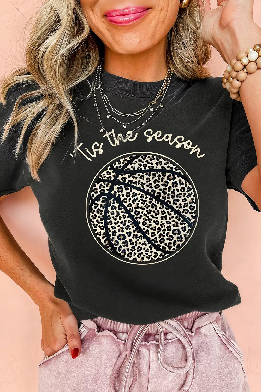 Leopard Basketball Graphic Crew Neck Tee for Women