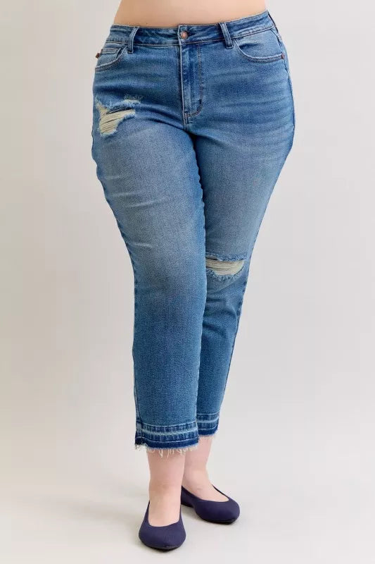 Mid Rise Bf Patch & Repair Destroy Release Hem Jeans Plus Size in Md for Women