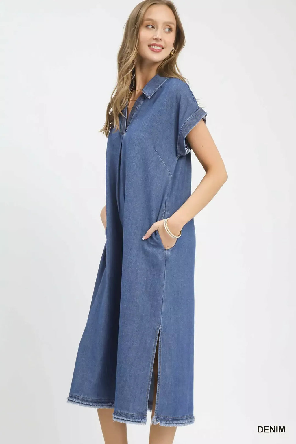 Stone Washed Collared Denim Midi Dress for Women