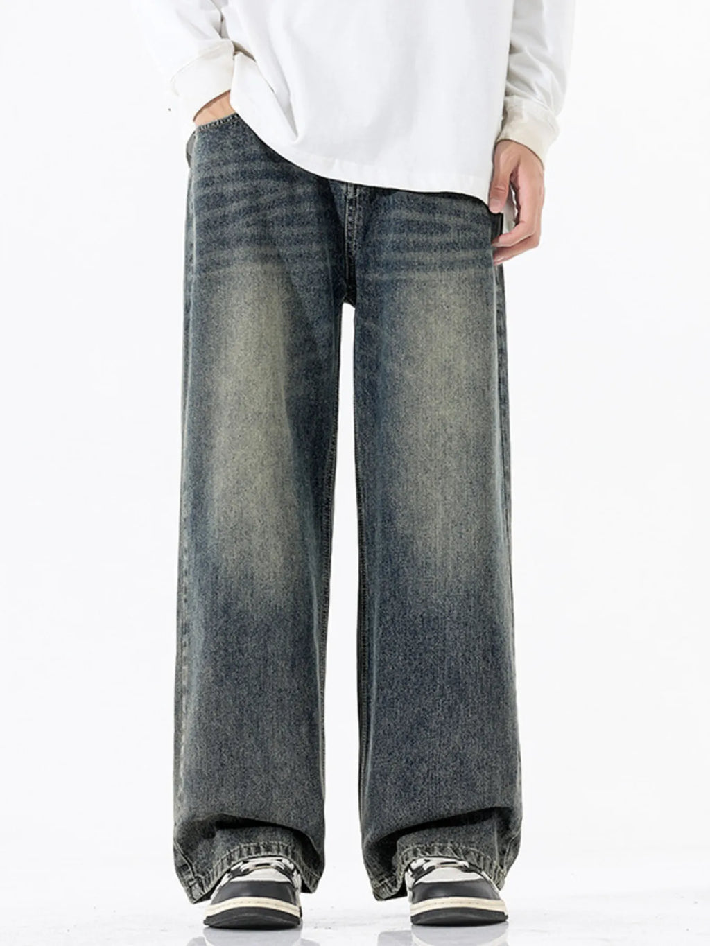 Vintage Wash Wide Leg Jeans Plus Size in Ash for Men
