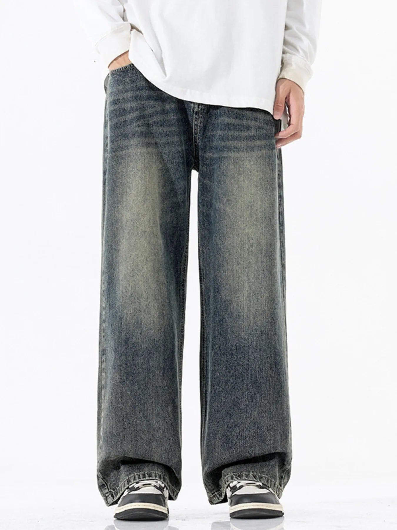 Vintage Wash Wide Leg Jeans Plus Size in Ash for Men