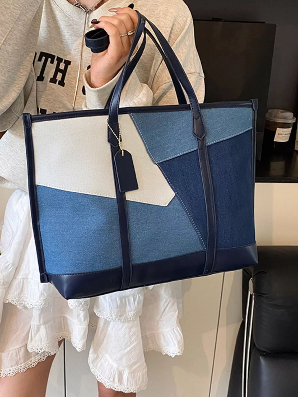 Color Block Denim Shoulder Bag for Women
