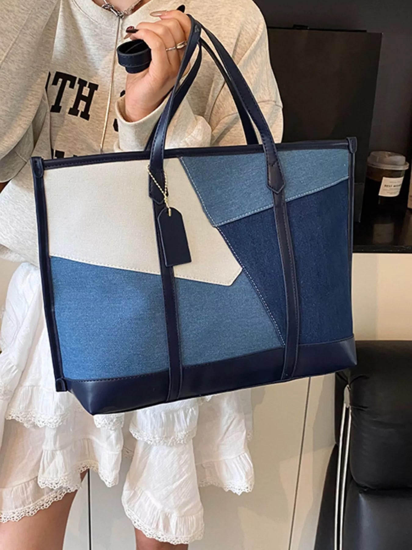 Color Block Denim Shoulder Bag for Women