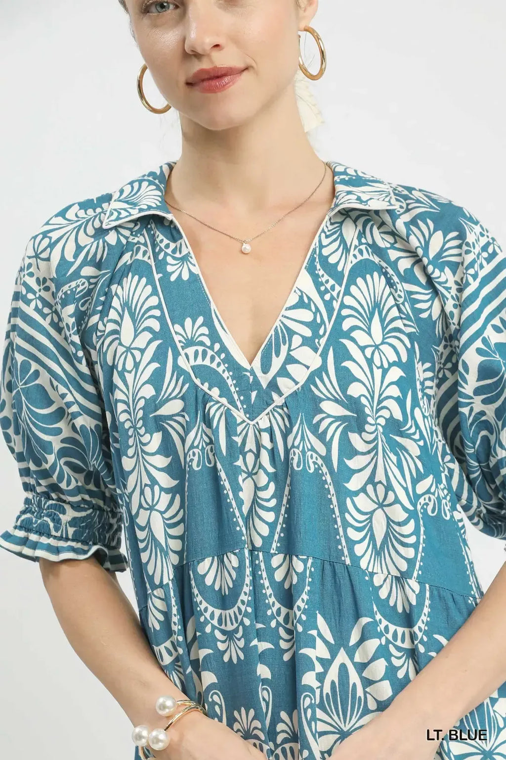 Two Tone Border Print Midi Dress in Light Blue for Women
