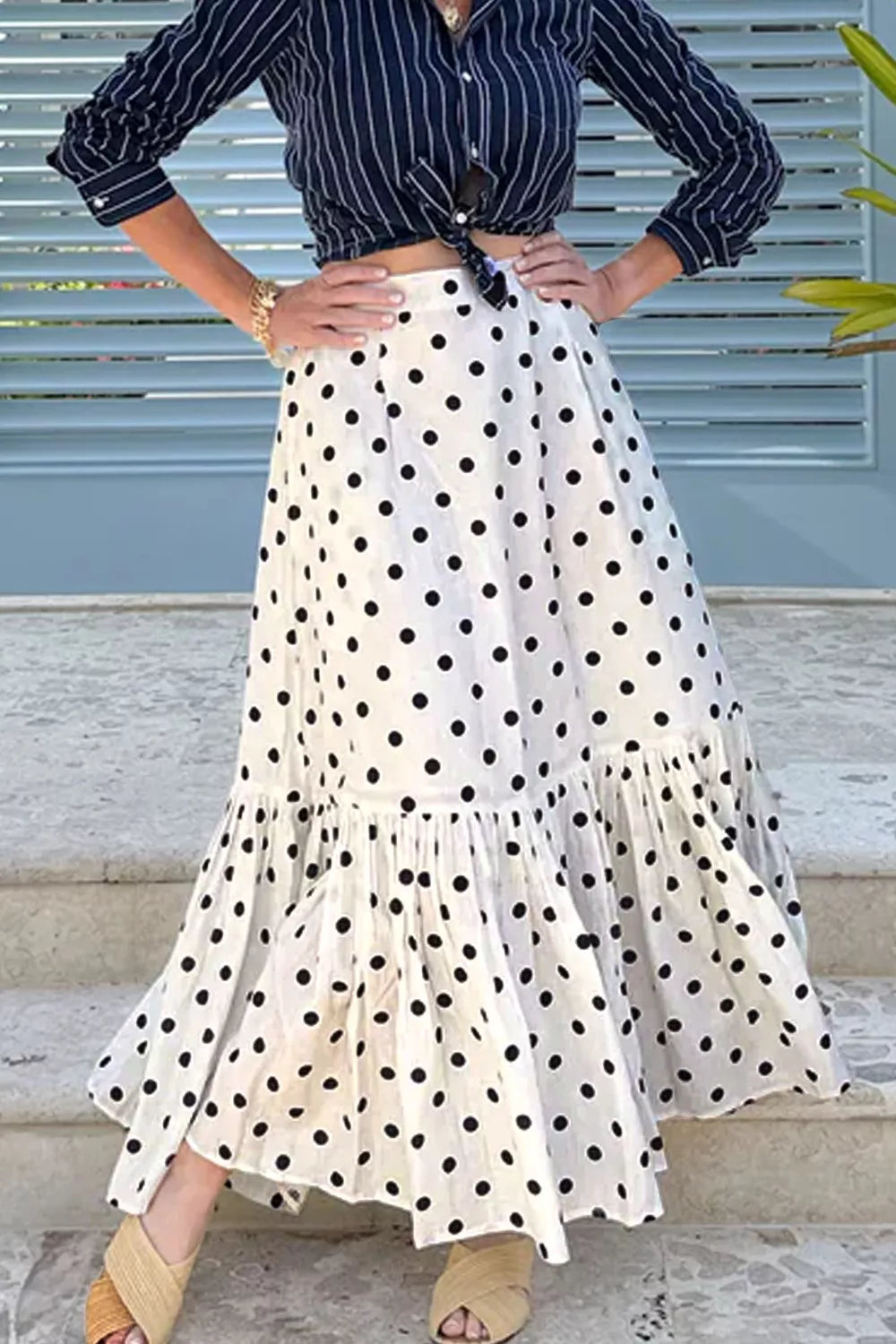 Polka Dot Ruffled Slit Maxi Skirt for Women
