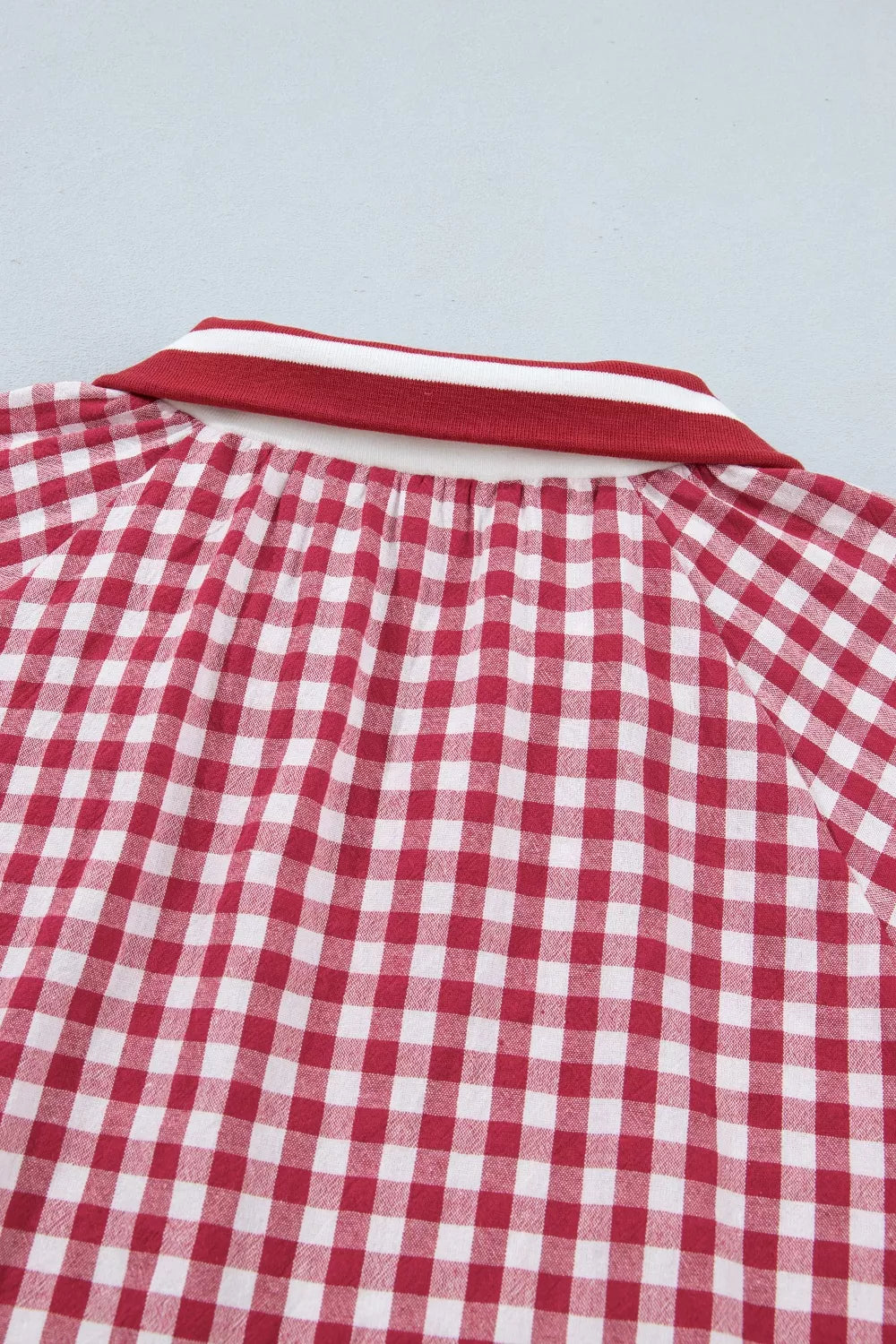 Gingham Puff Sleeve Quarter Zip Blouse for Women