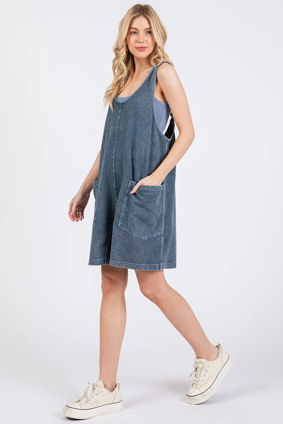 Low Scoop Neck Tank Washed French Terry Romper for Women