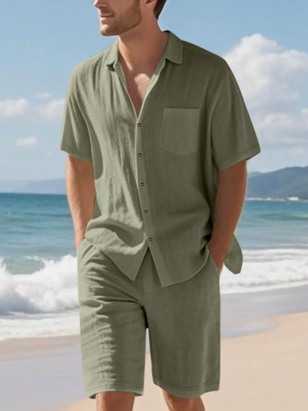 Casual Button Up Shirt and Shorts Set Plus Size in Army Green for Men