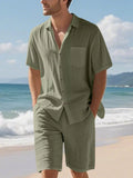 Casual Button Up Shirt and Shorts Set Plus Size in Army Green for Men