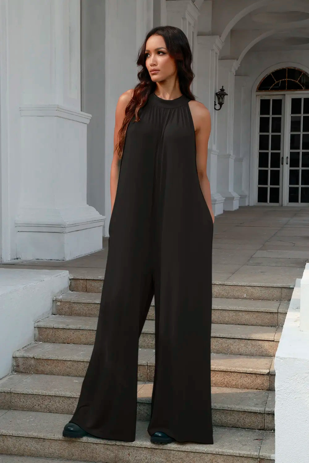 Plus Size Tie Back Cutout Sleeveless Jumpsuit in Black for Women