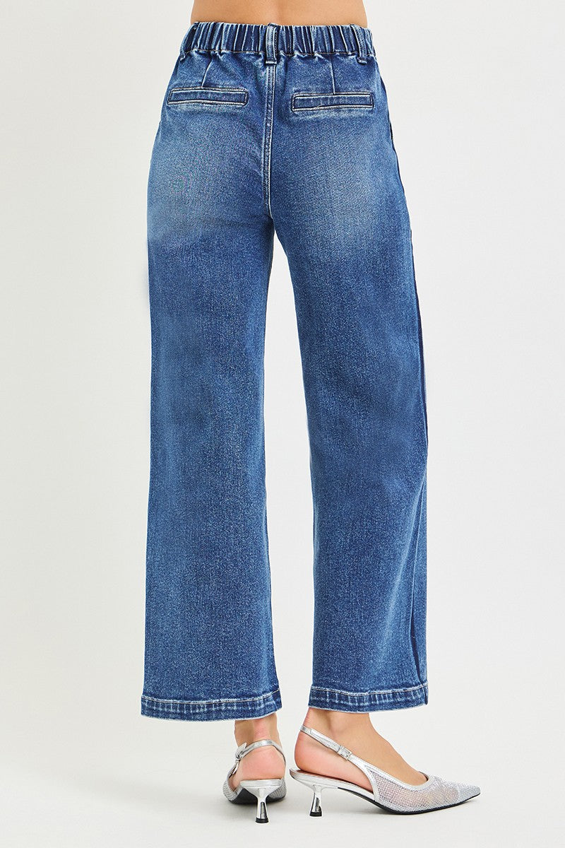 Elastic Band High Rise Cropped Wide Jeans in Medium for Women