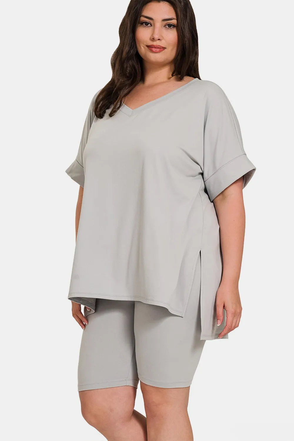 Plus Size V-Neck Short Sleeve Slit T-Shirt and Shorts Set in Light Grey for Women