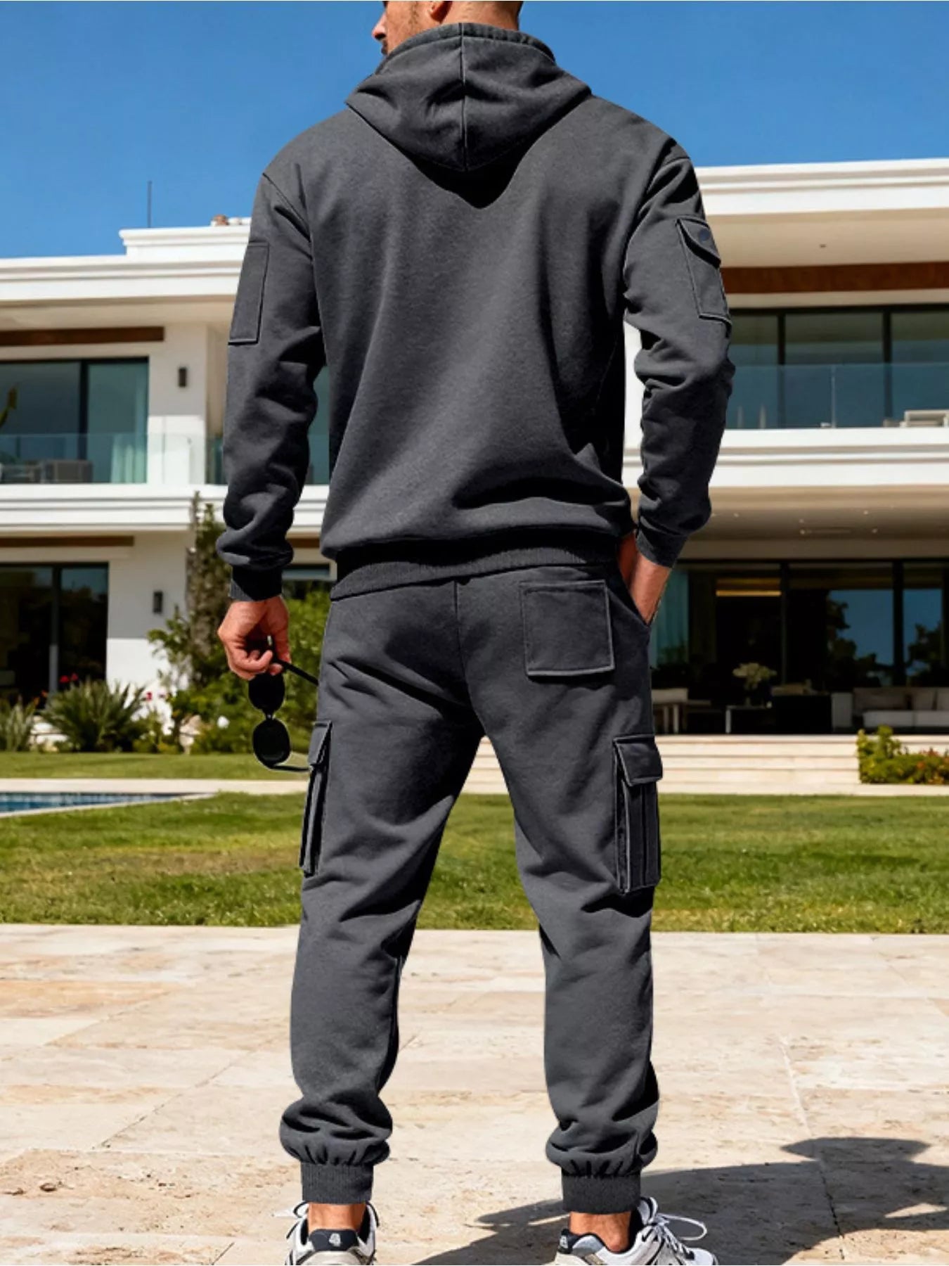 Half Zip Hoodie and Cargo Pants Set Plus Size in Black for Men