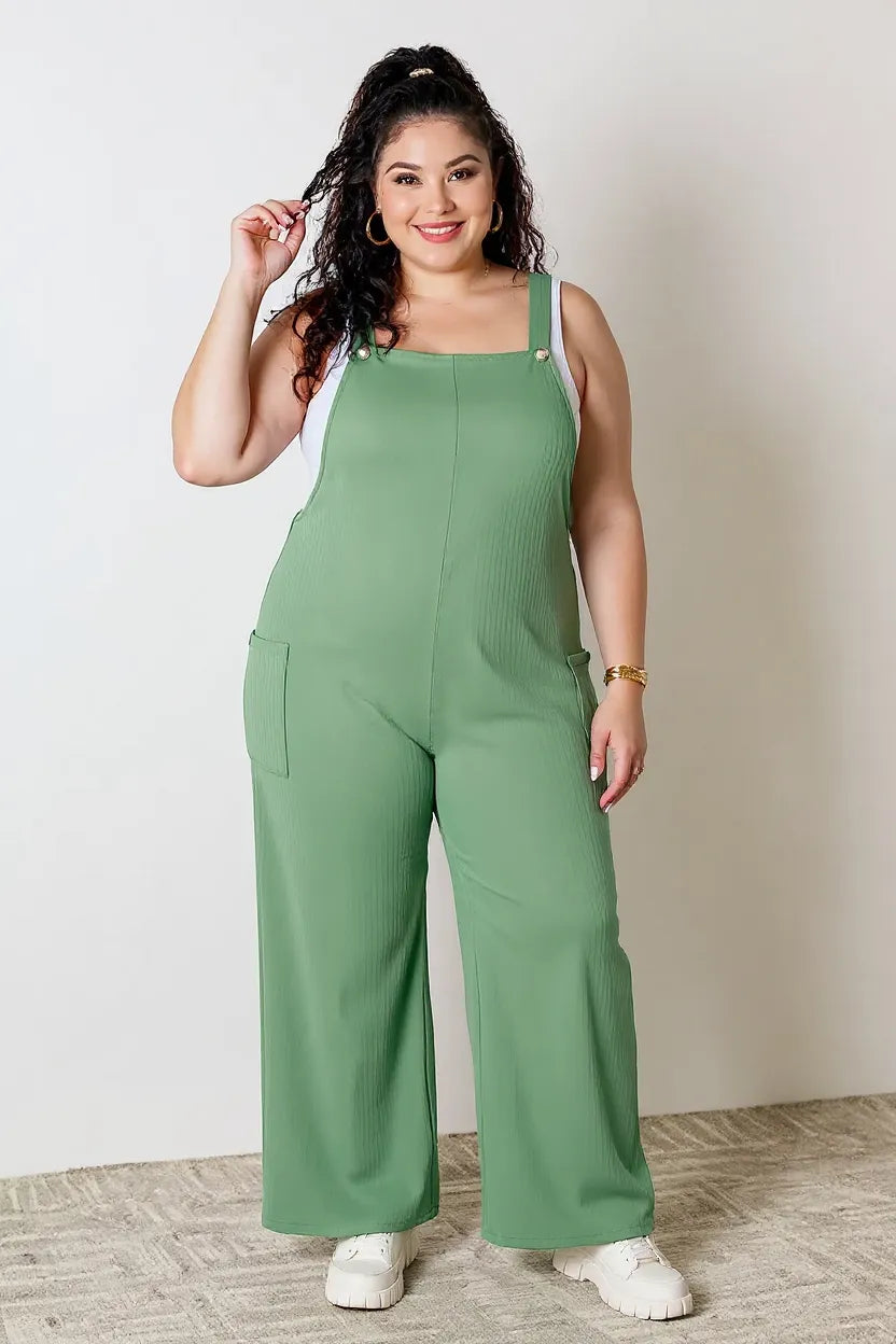Plus Size Wide Strap Overall with Pockets in Gum Leaf for Women