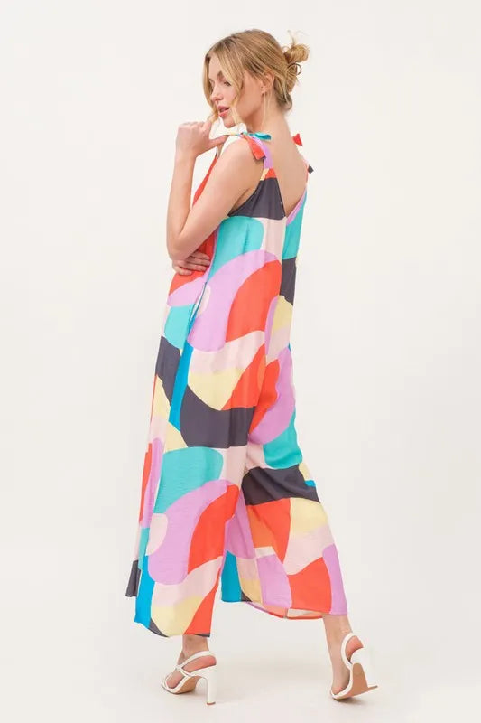 Tied Shoulder Straps Wide-Leg Geo Print Jumpsuit for Women