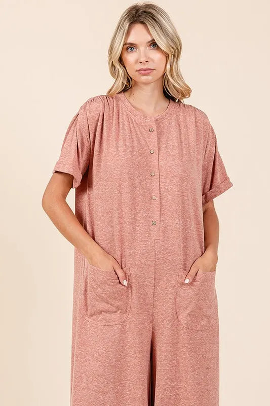 Button Detail Short Sleeve Wide Leg Jumpsuit for Women