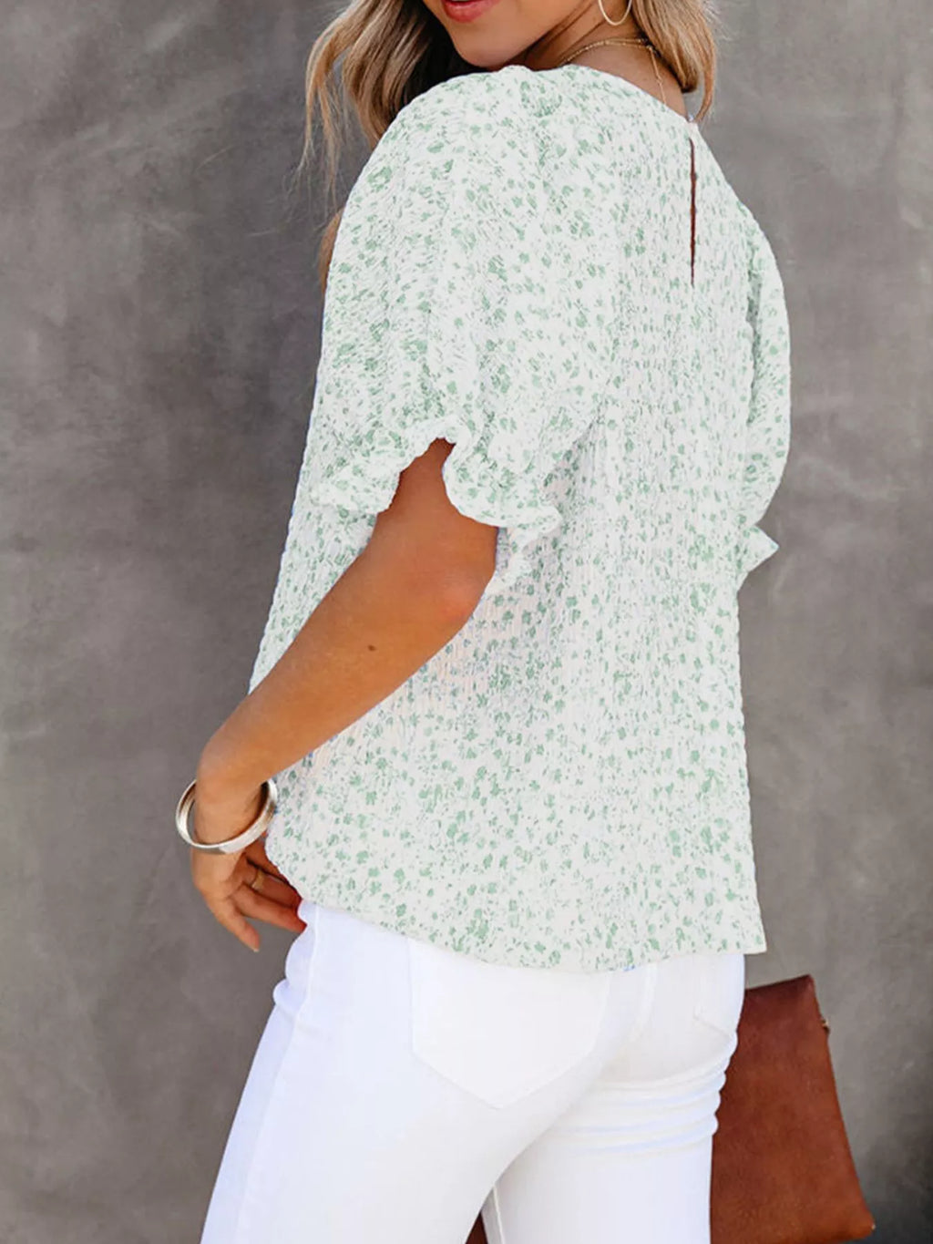 Floral Print Ruffle Sleeve Blouse Plus Size in Pink for Women