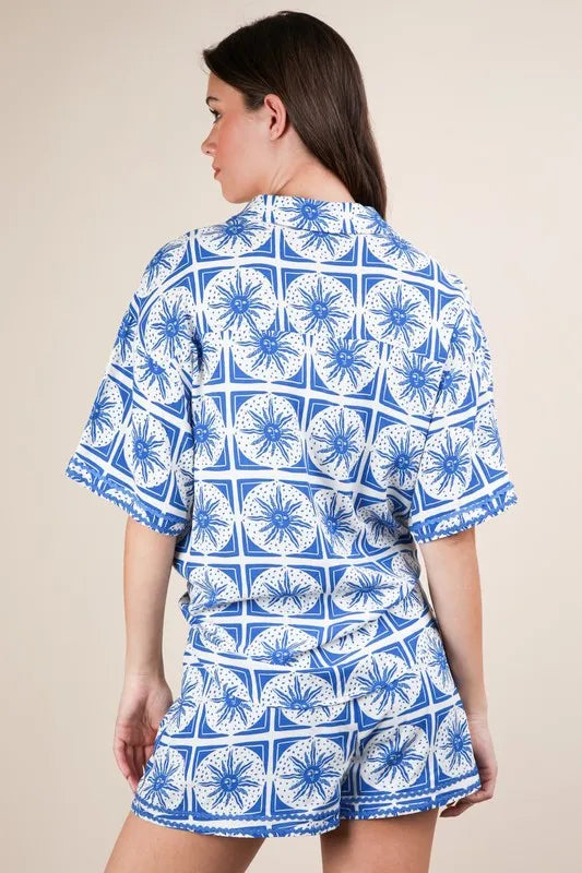 Tropical Printed Shirt Top and Shorts Set Plus Size in Blue for Women