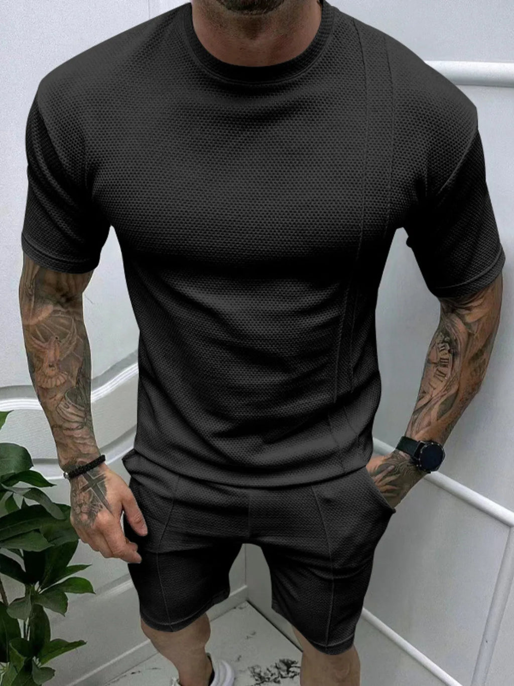 Round Neck Tee and Shorts Set Plus Size in White for Men