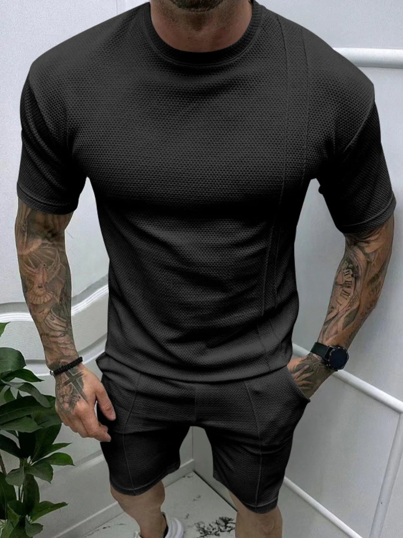 Round Neck Tee and Shorts Set Plus Size in White for Men