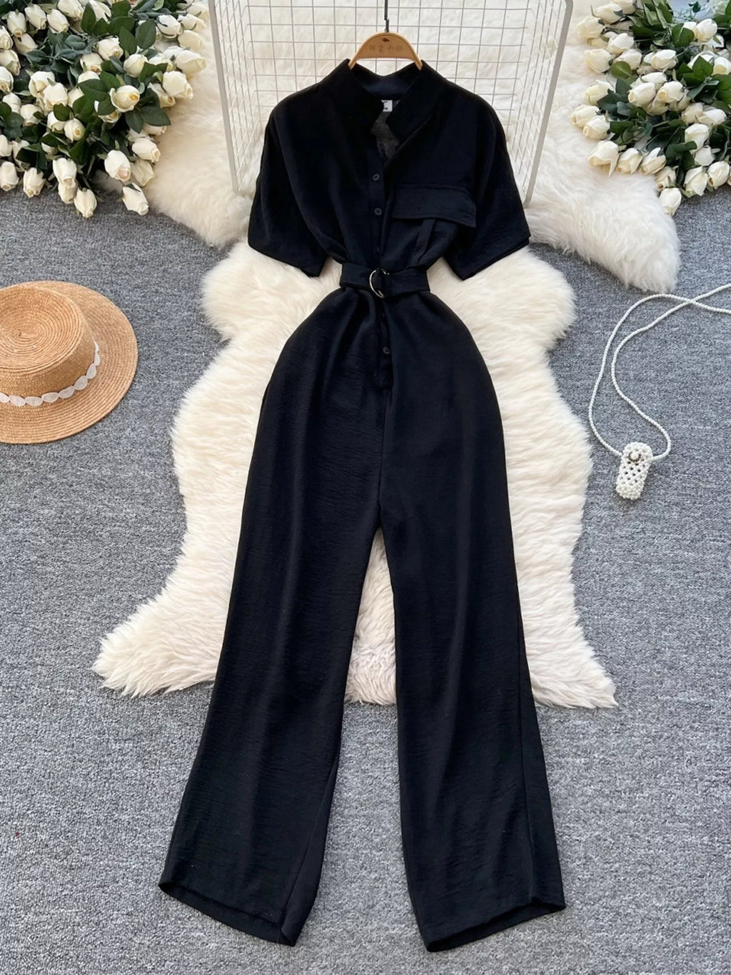 Red Button Front Wide Leg Jumpsuit for Women