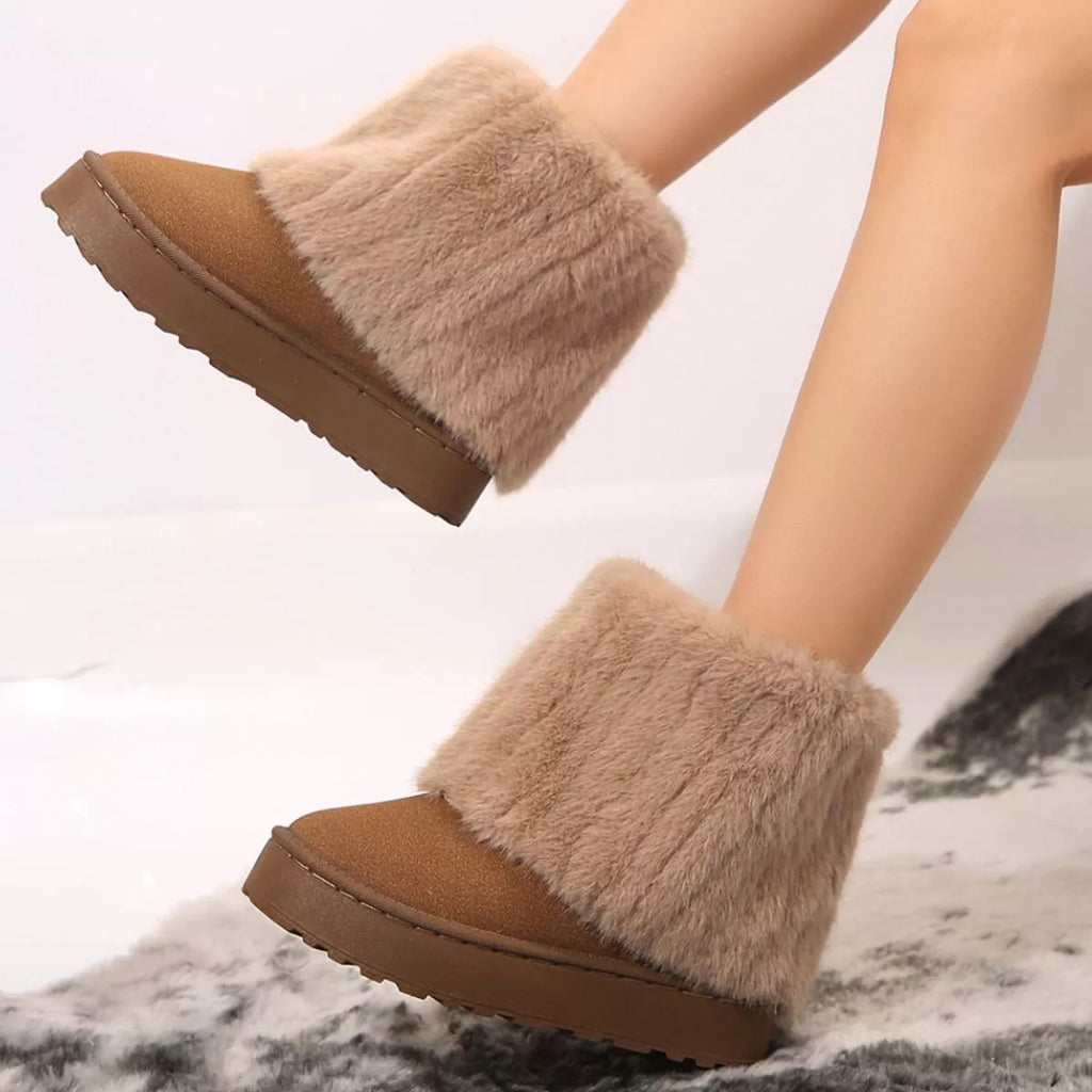 Fuzzy Round Toe Platform Boots in Camel for Women