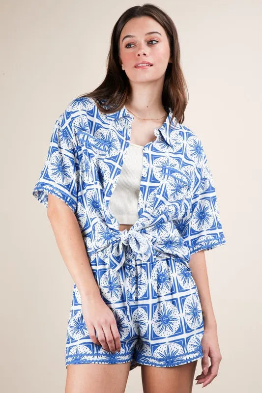 Tropical Printed Shirt Top and Shorts Set Plus Size in Blue for Women