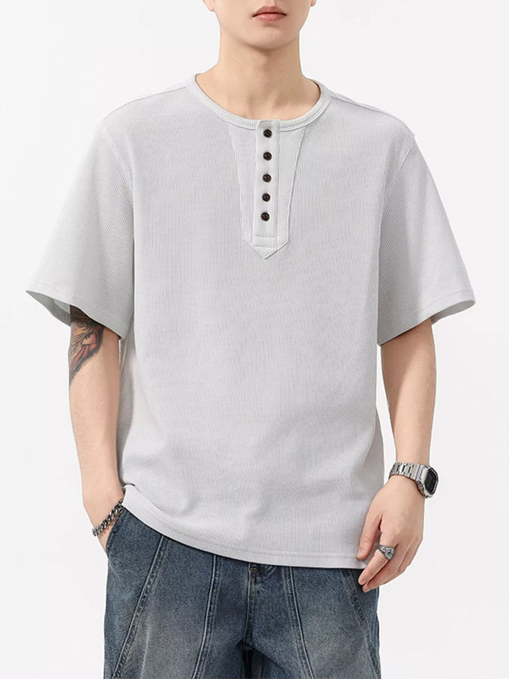 Plus Size Round Neck Short Sleeve T-Shirt in Light Gray for Men