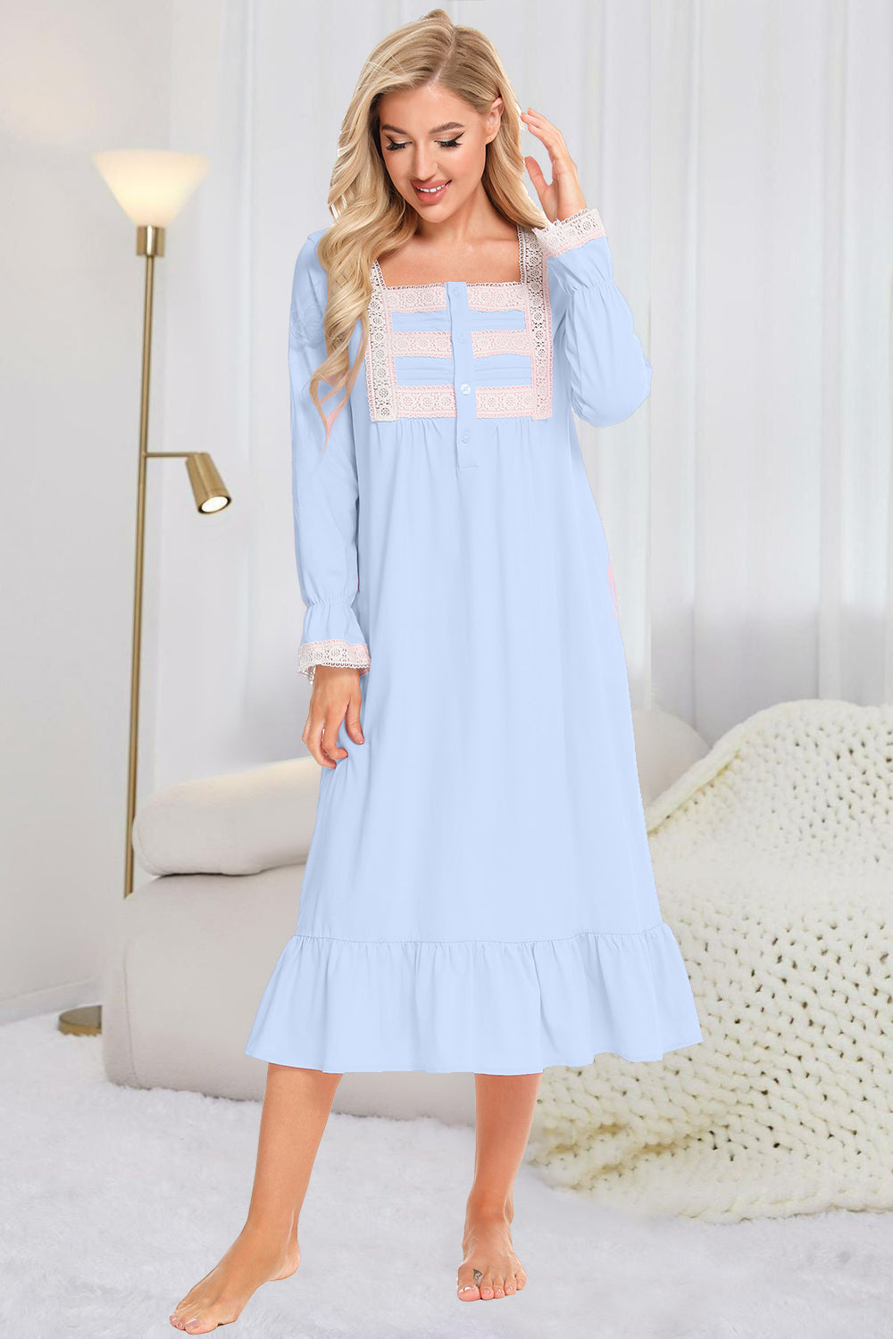 Lace Detail Square Neck Flounce Sleeve Night Dress in Pastel Blue for Women