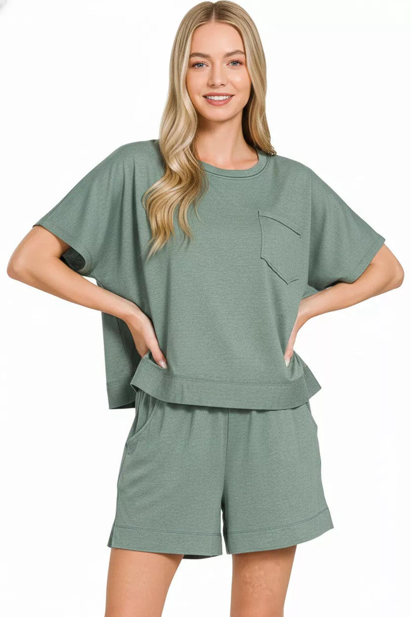 Exposed Seam Boxy Top & Shorts Set in H Jade Green for Women