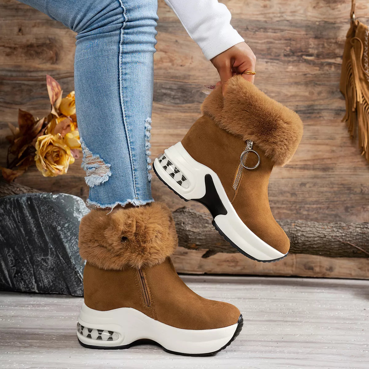 Fuzzy Side Zipper Platform Ankle Boots in Leopard for Women