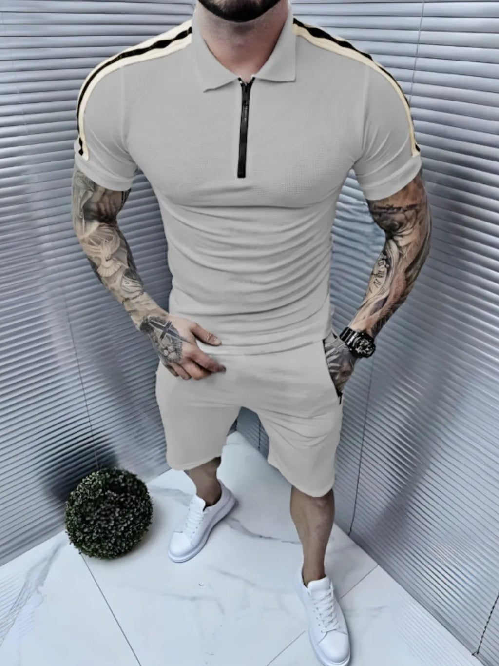 Collared Neck Short Sleeve Top and Shorts Set in White for Men