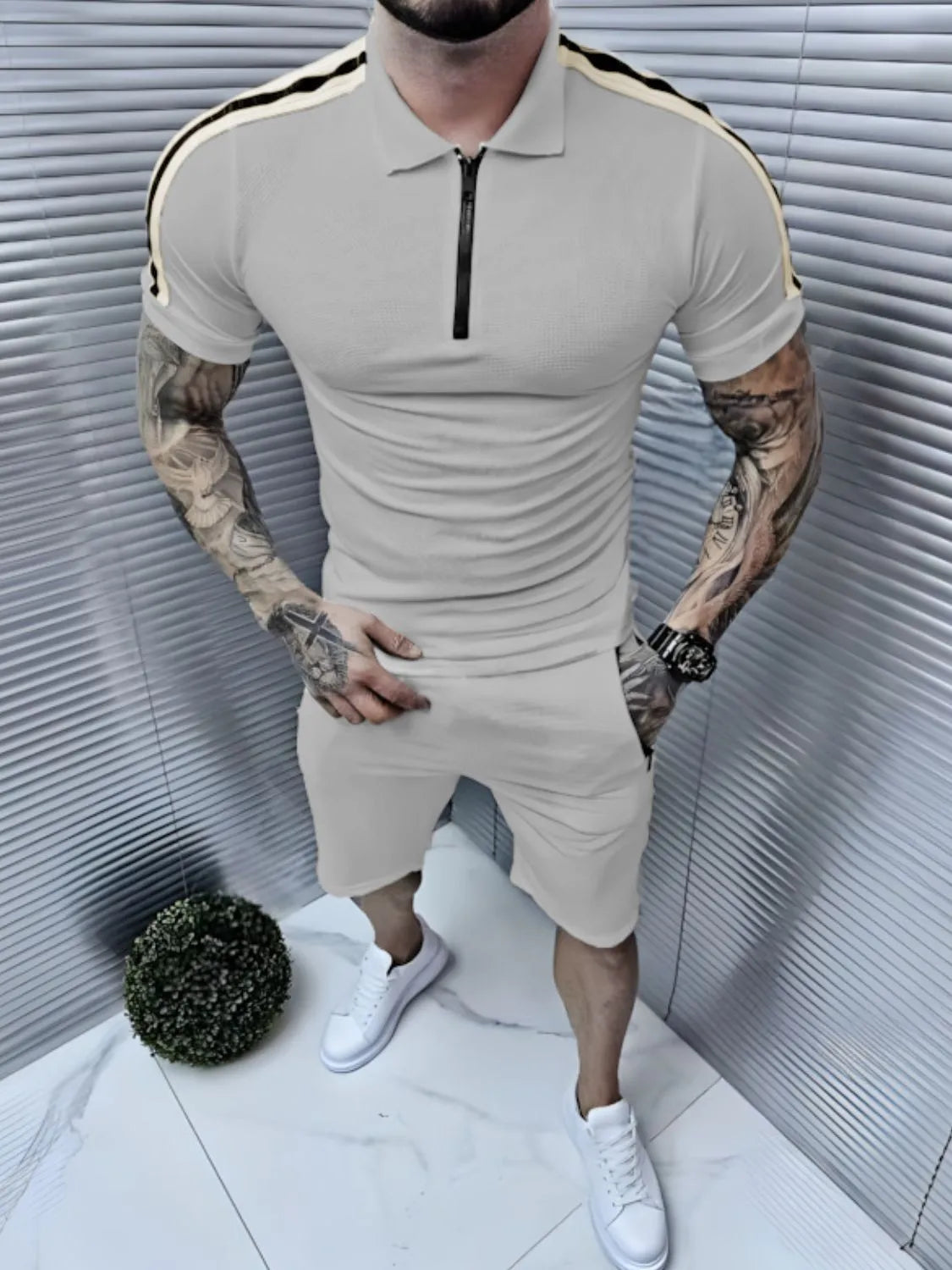 Collared Neck Short Sleeve Top and Shorts Set in White for Men
