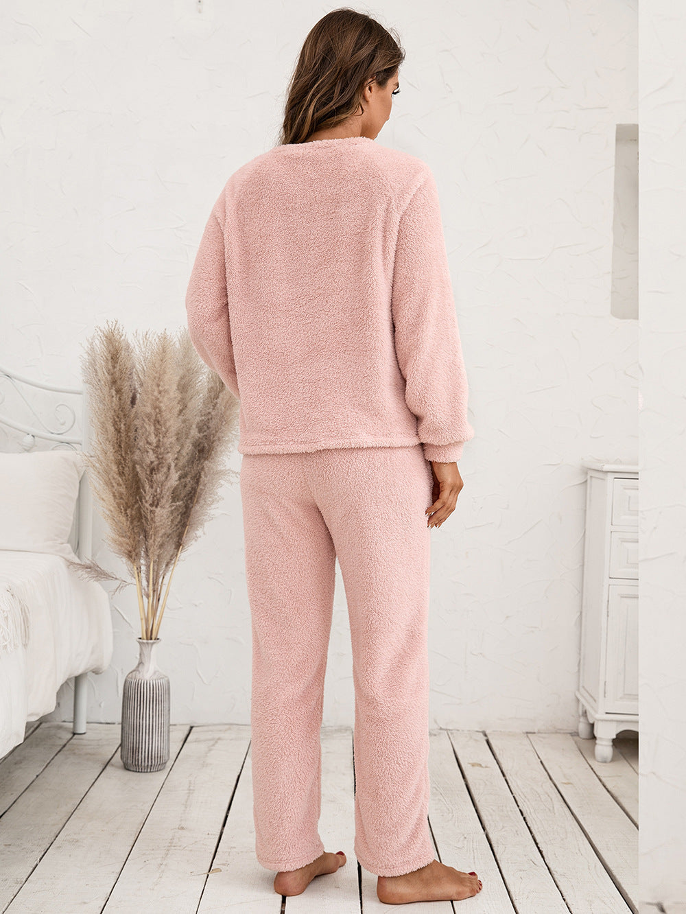 Ivy Lane Teddy Long Sleeve Top and Pants Lounge Set in Chocolate for Women