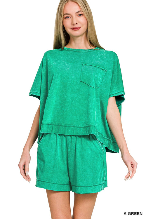 Acid Washed Oversized Top & Shorts Set in Green for Women