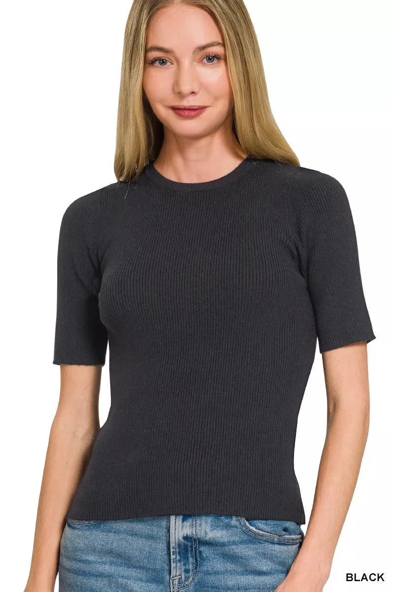 Viscose Ribbed Round Neck Sweater in Black for Women