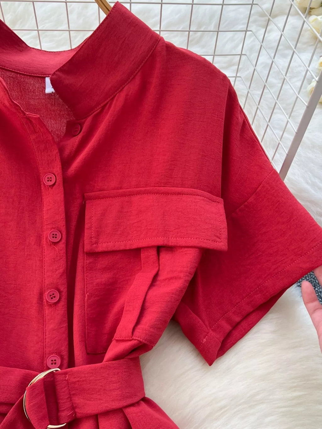 Red Button Front Wide Leg Jumpsuit in Rose Red for Women