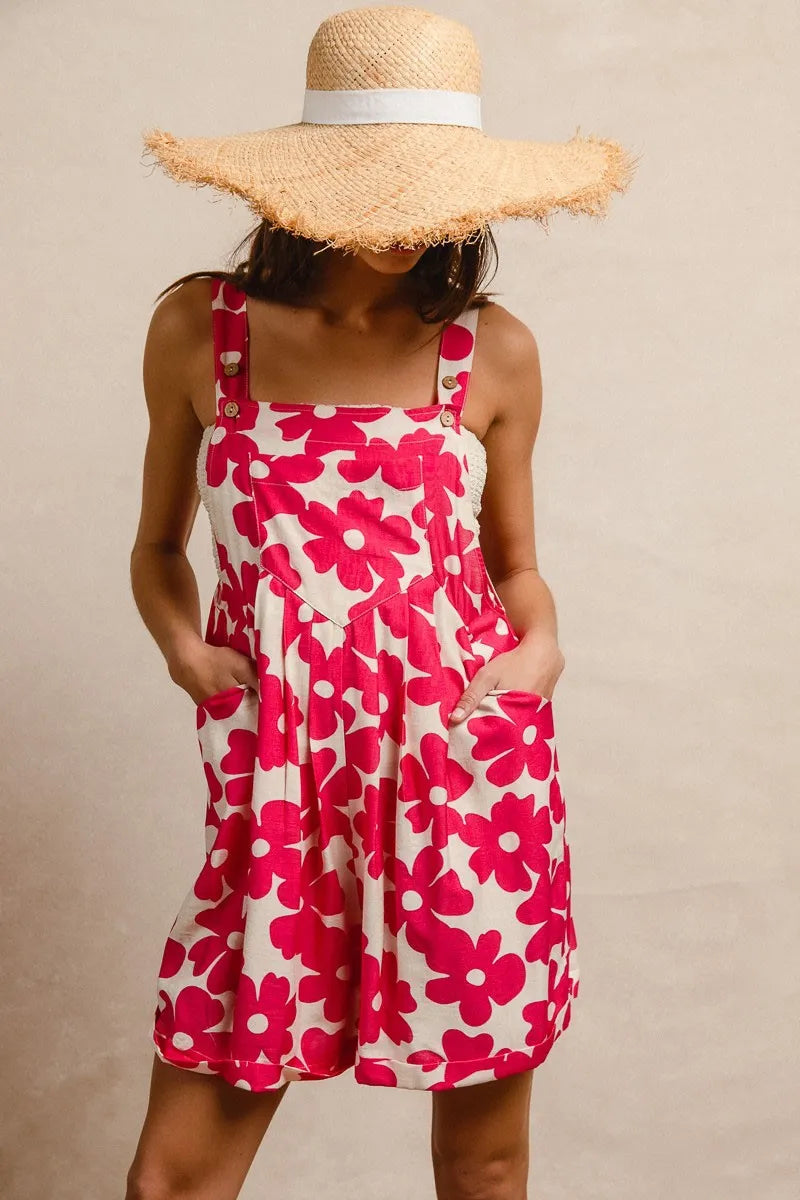 Floral Prints Tuck Detail Short Overall with Pockets for Women