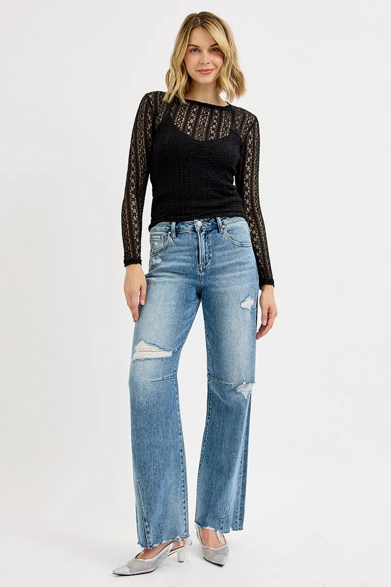 Mid Rise Fit Wide Baggy Leg Tie Washed Jeans Plus Size in Medium for Women