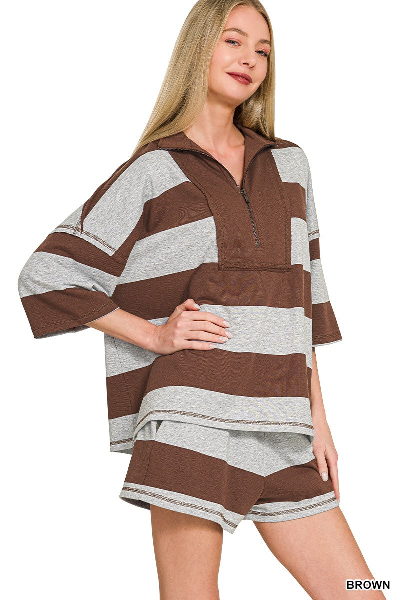 Frenchterry Striped Half Zip Top & Shorts Set in Brown for Women