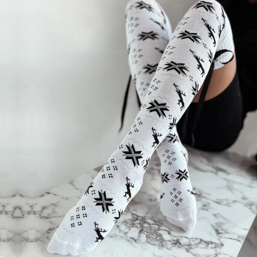 Christmas Element Bowknot Ribbed Trim Over Knee Stockings for Women