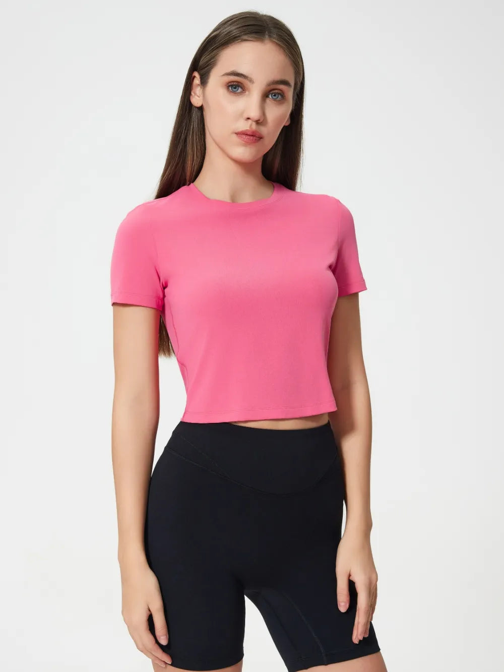 Round Neck Short Sleeve Active T-Shirt in Fuchsia Pink for Women
