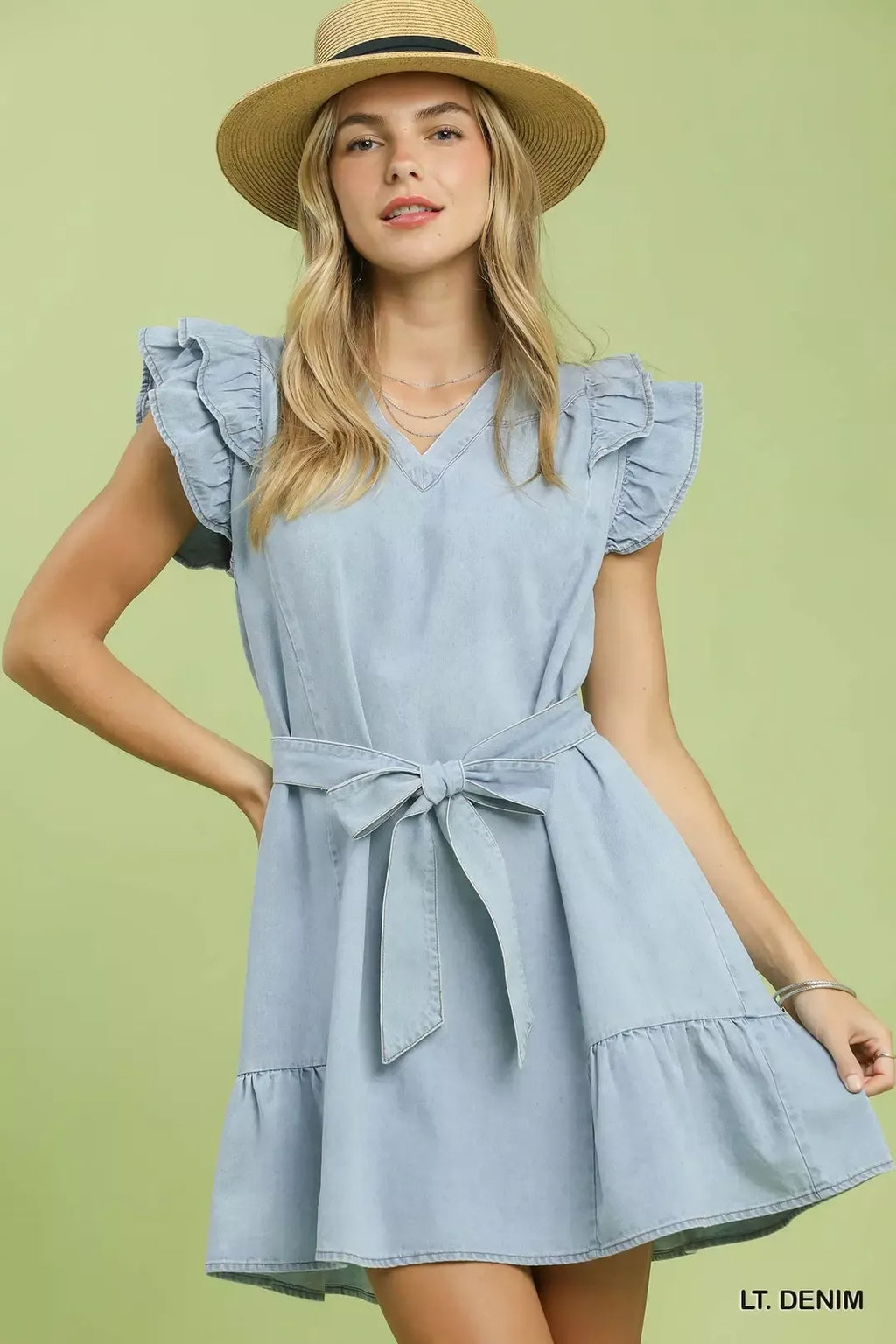Chambray Ruffled Denim Dress with Side Pockets in Light Denim for Women