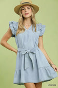 Chambray Ruffled Denim Dress with Side Pockets in Light Denim for Women