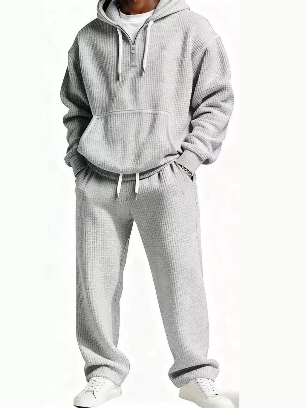 Casual Waffle Knit Hoodie and Pants Set Plus Size in Rust for Men