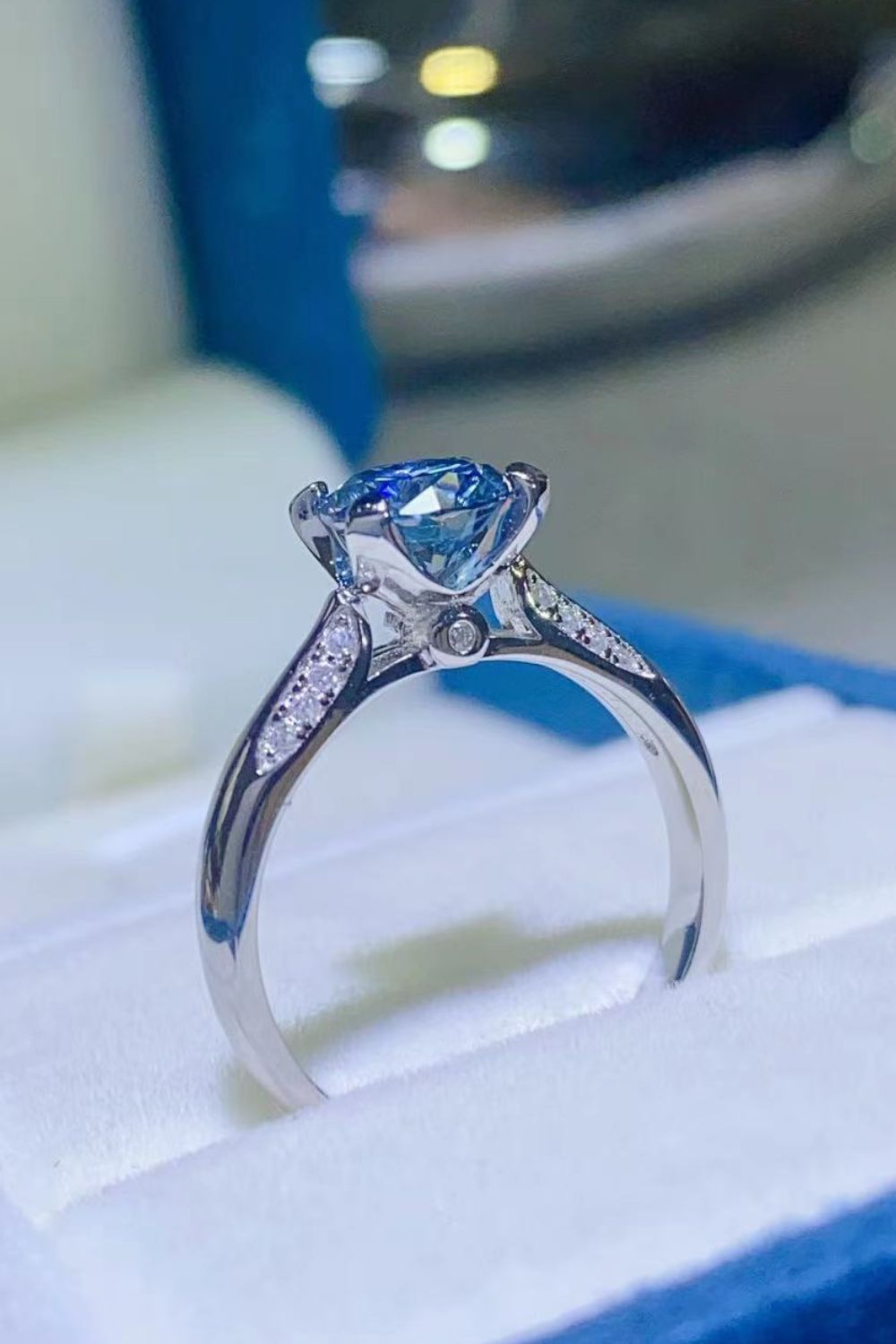 1 Carat Moissanite 4-Prong Ring in Sky Blue for Women